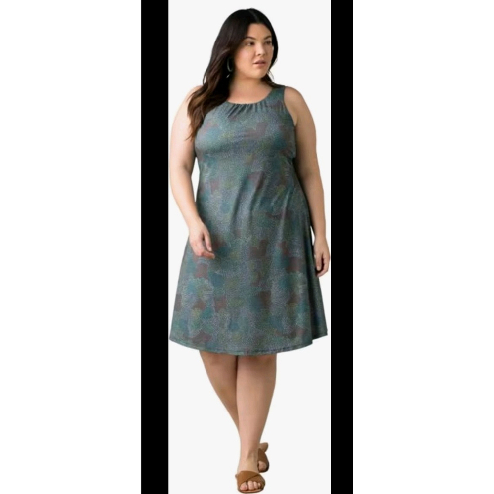 Prana Skypath Deep Pine Dotty Twist Back Shelf Bra Sleeveless Tank Dress Sz 1X